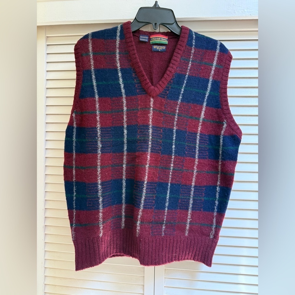 Vintage Churchill Downs Shetland Wool Made in England Men's Plaid Sweater Vest L